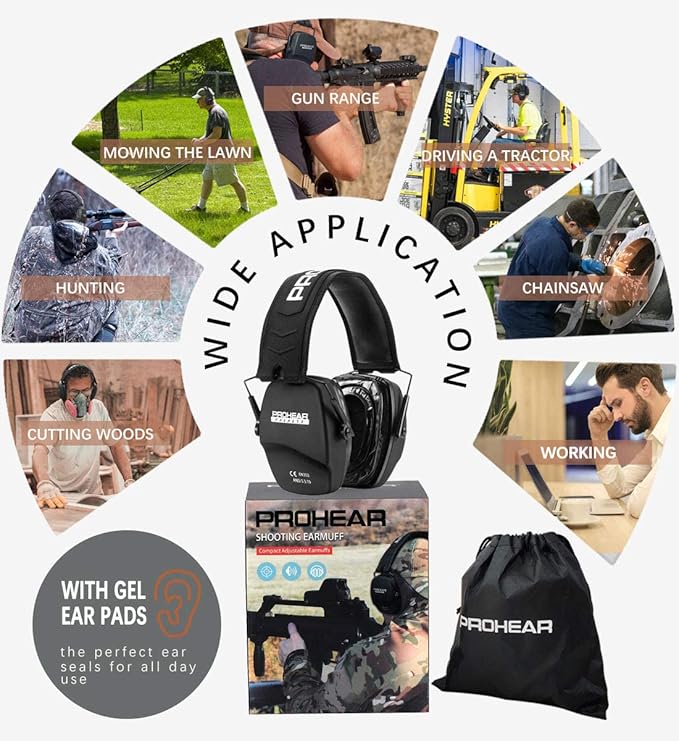 PROHEAR 016-GEP02 Shooting Ear Protection Safety Muffs with Gel Ear Seals with groove, NRR 26dB Noise Reduction Slim Low Profile Passive Earmuffs, Folding Hearing Protector for Airsoft, Hunting