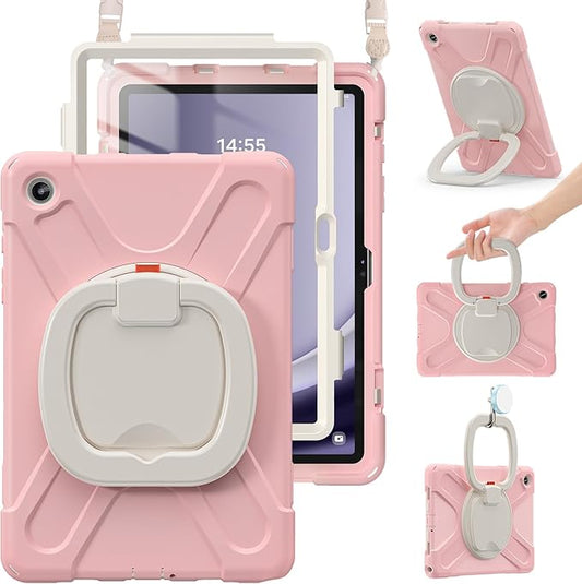 BRAECN Kids Case for Samsung Galaxy Tab A9+/ A9 Plus 11 Inch 2023 SM-X210/X216/X218, Heavy Duty Protective Silicone Cover with Screen Protector, Handle Grip, Swivel Stand, Shoulder Strap, Sakura Pink
