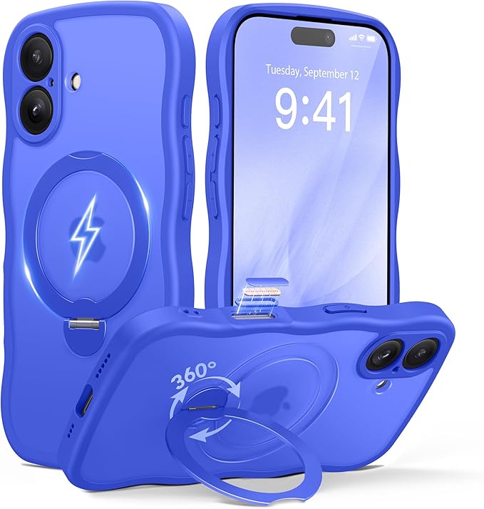 for iPhone 16 Case, [Compatible with Magsafe][360° Spin Magnetic Stand][Military-Grade Protection][Camera Control][Cute Wave Edge]Translucent Matte Women Phone Cover for iPhone 16,Ultramarine