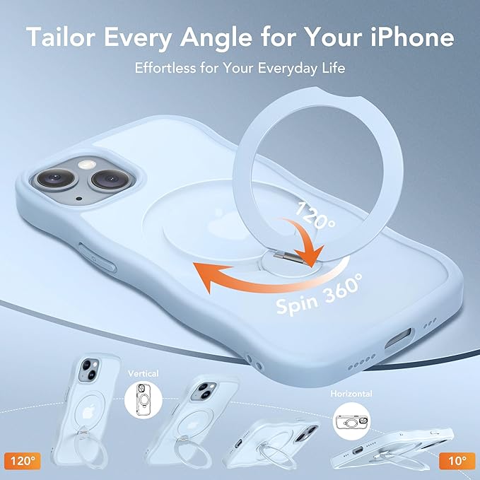 for iPhone 13 Case & iPhone 14 Case for Women,[Compatible with Magsafe][360° Spin Magnetic Stand][Cute Wave Edge][Military-Grade Protection]Translucent Matte Phone case for iPhone 13/14, Baby Blue