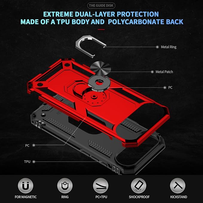 ADDIT Compatible with iPhone 17 Air Case with Tempered Glass Screen Protector, Adjustable Kickstand Ring, Military-Grade Heavy Duty Protection, Shockproof, Anti-Fingerprint,Red