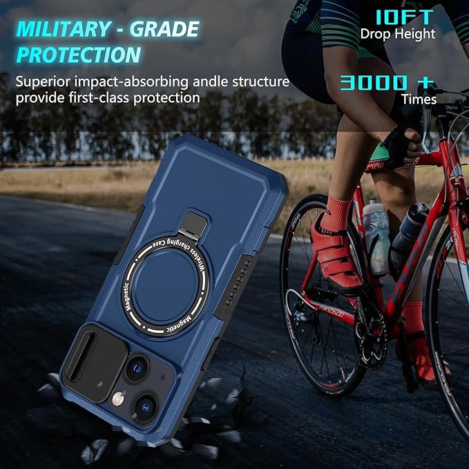 for iPhone 15 Plus Case Compatible with MagSafe Wireless Charging Magnetic for 15 Plus Case with 2 Screen Protector,Built-in Kickstand & Camera Cover Shockproof Heavy Duty Protection Blue