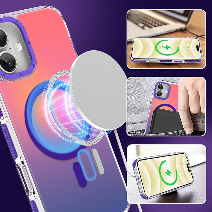 MOWIME Magnetic Case for iPhone 16 Plus [Compatible with Magsafe] [Cute Fashion Fluorescent Design] [1 Screen Protector] Slim Translucent Matte Case for iPhone 16 Plus 6.7" 2024, Purple