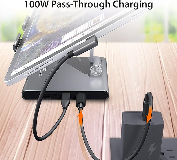 j5create Adjustable Tablet Stand with USB Type C Docking Station for iPad Pro/Air/mini : 4K60 HDMI, 2 x USB-A 5Gbps, 100W PD Charging, microSD/SD Card Reader, 3.5mm Audio Jack (JTS224)