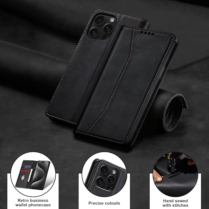 Jasonyu Flip Wallet Case for iPhone 15 Pro Max,Leather Magnetic Folio Cover with Card Holder,Kickstand - TPU Shockproof Durable Protective Phone Case,Black