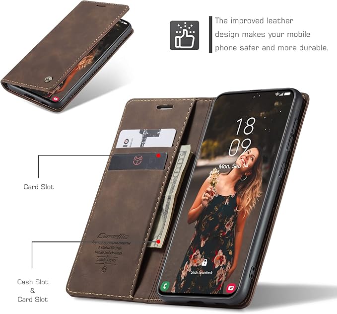 for Samsung Galaxy S21 FE Case, Flip Wallet Leather Case with Card Holder Magnetic Closure Shockproof Kickstand Protective Phone Cases Cover for Samsung S21 FE,Coffee