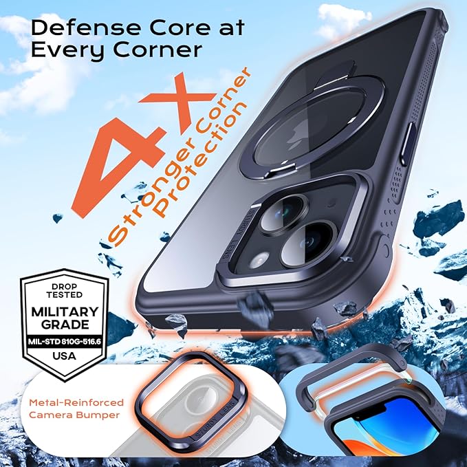 Anqrp O-Ring Magnetic Kickstand Clear Case for iPhone 14/13, Compatible with Mag-Safe, Military-Grade Reinforced 4-Corners Anti-Yellowing Transparent Phone Case Cover for iPhone 13/14, Blue