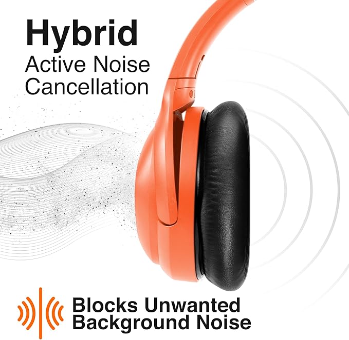 Puro Sound Labs PuroPro Hybrid Active Noise Cancelling Headphones, Volume Limiting, Hi-Res Audio, 32h Playtime, Wireless Over Ear Headphones with Mic, Comfortable Fit, Ideal for Travel & Work – Orange