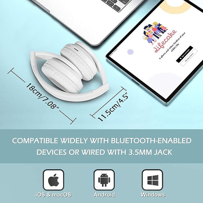 Wireless Bluetooth Headphones with Colorful LED Lights, Built-in Mic, Light Weight, Foldable, Wired HiFi Stereo Headphones for Classroom/Home Office/PC/Mobile Phone/Kids Adult (White)