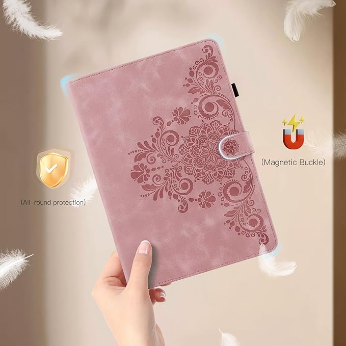 Case for Galaxy Tab A9+ Case 11 Inch, Retro Samsung Galaxy Tab A9 Plus Cover SM-X210/215 with Carved Flap, Magnetic Buckles Design, Stand Function Pink