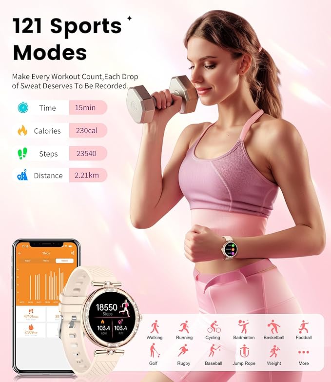 LIGE Smart Watches for Women (Answer/Make Call) with Diamonds，1.19” AMOLED Smartwatch,IP68 Waterproof Fitness Tracker 120 Sport Modes Pedometer for Android iOS,Sliver