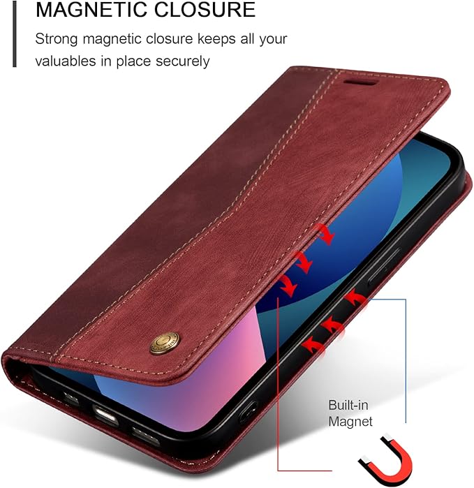 QLTYPRI Case for iPhone 14, Vintage PU Leather Wallet Case Card Slot Kickstand Magnetic Closure Shockproof Flip Folio Book Case Cover for iPhone 14(6.1 inch) - Retro Wine Red