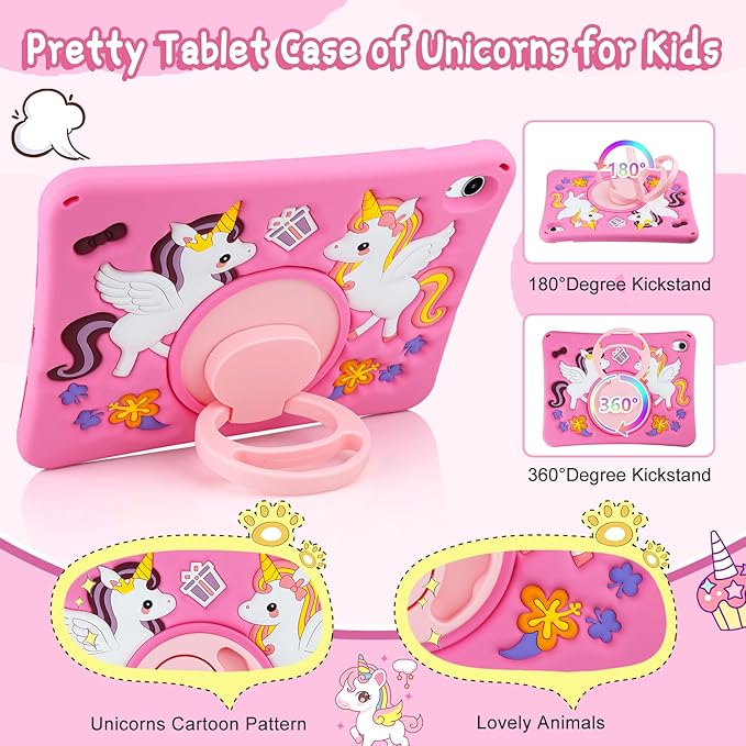 HianDier for iPad A16 Case 11th 2025 iPad 10th Generation Case for Kids Cute Unicorn Silicone Tablet Cover with Detachable Strap and Rotatable Stand Shockproof Cover for iPad 11inch 10.9inch-Rose Pink