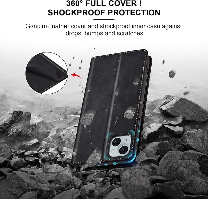 Jasonyu Flip Wallet Case for iPhone 15,Leather Magnetic Folio Cover with Card Holder,Kickstand - TPU Shockproof Durable Protective Phone Case,Black