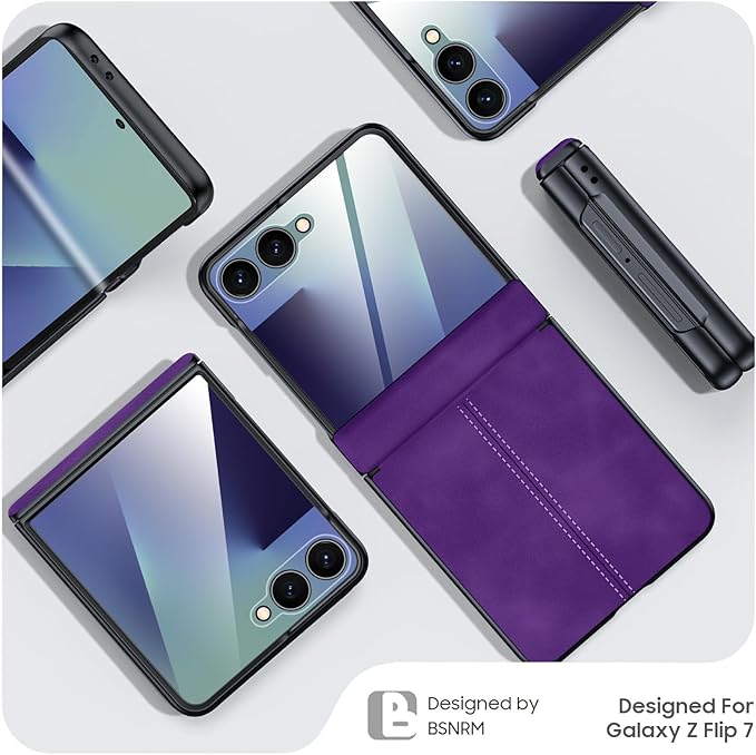 for Samsung Galaxy Z Flip 7 Case with Hinge Protection & Built-in Screen Protector, Ultra Thin Stylish Leather Matte PC Durable Shockproof Cover Phone Case for Galaxy Z Flip 7-Purple