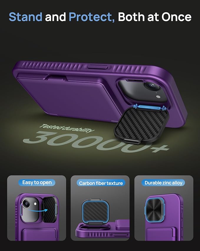 for iPhone 16e Case, Built-in Credit Card Holder & Stand & Lens Cover, Military Grade Drop Tested Soft Silicone Edge Rugged Protective Wallet Phone Case for iPhone 16e 6.1" 2025, Purple