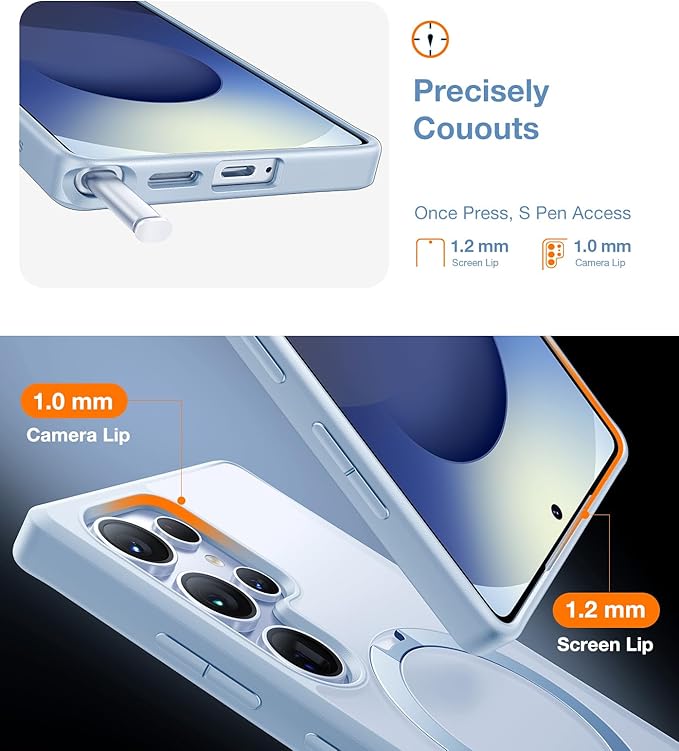 TORRAS 360° Spin Magnetic Stand for Samsung Galaxy S25 Ultra Case, Fit for Magsafe, Shockproof Slim Protective S25 Ultra Case with Kickstand for Women Men, Ostand Spin, Translucent Frosted Silverblue