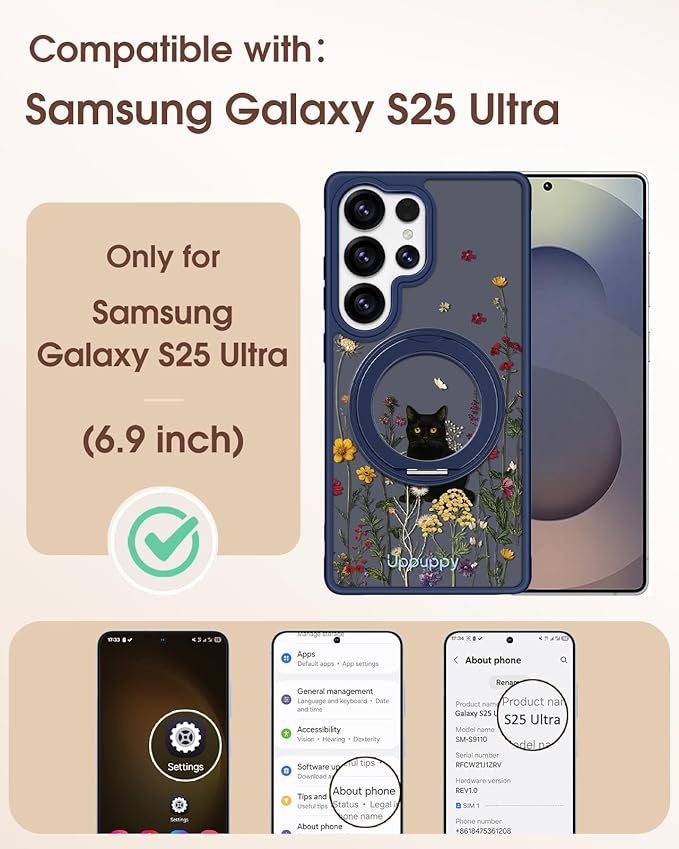 for Samsung Galaxy S25 Ultra Case with 360° Rotatable Magnetic Ring - Compatible with MagSafe, Semi-Transparent Soft-Touch Material Shockproof, Cute Black Cat Design for Women Girl