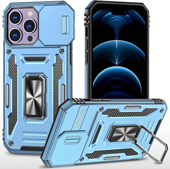 Phone Case for iPhone 14 Pro Case iPhone 14 Pro Phone Case with Camera Lens Cover, with Ring Holder Kickstand, fit Magnetic Car Mount, for iPhone 14 Pro (Light Blue)