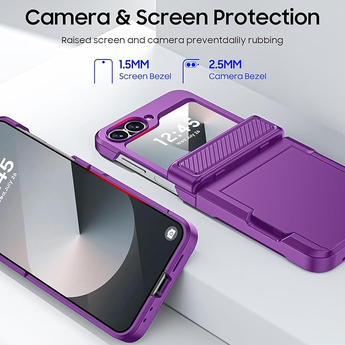 CENMASO for Samsung Galaxy Z Flip 6 Case/Z Flip 7 FE Case with Card Holder [RFID Blocking] & Hinge Protection & Screen Protector, Full-Body Shockproof Phone Case for Z Flip 6/Z Flip 7 FE-Purple