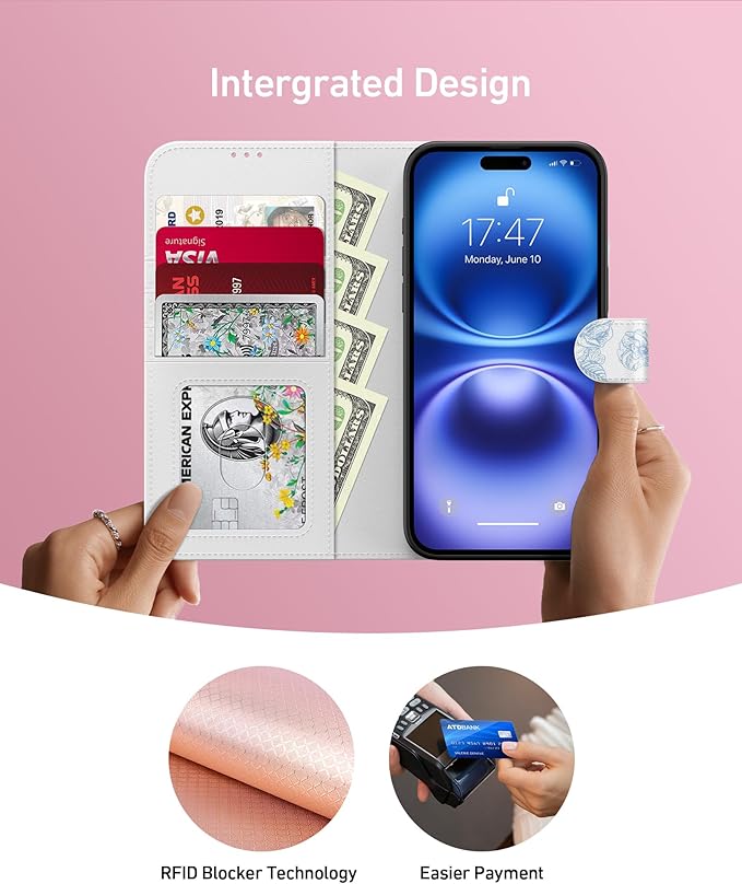 DEENAKIN for iPhone 16 Plus Wallet Case with Card Holder + Cash Clip, RFID-Blocking, Military-Grade Drop Protection, Magnetic Closure with Leather Kickstand - Blue Floral Design