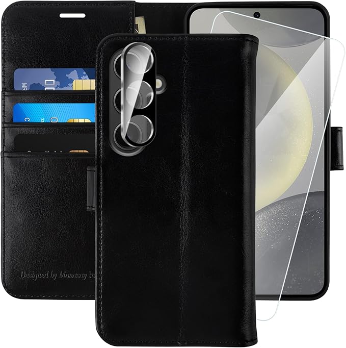 MONASAY Wallet Case Fit for Samsung Galaxy S24 5G, [Lens & Glass Screen Protector Included] [RFID Blocking] Flip Folio Leather Cell Phone Cover with Credit Card Holder, 6.2 inch, Black