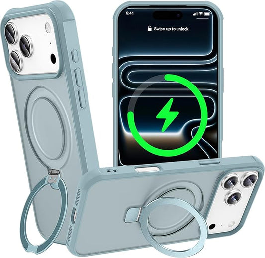 Magnetic Compatible with iPhone 17 Pro Case with Stand [Military Grade Drop Tested][Compatible with Magnet] Ring Translucent Slim Hard Back Soft Edge, Teal Green