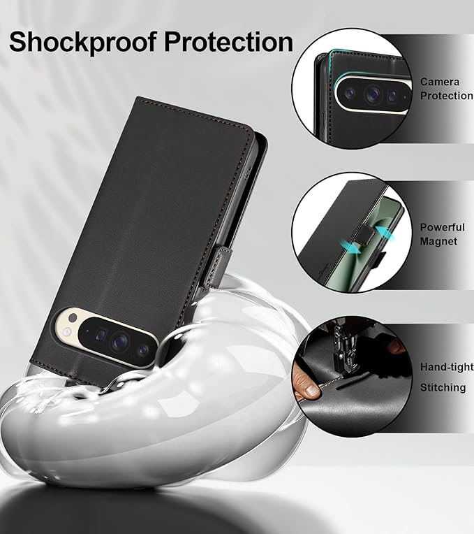 Wallet Flip Case for Google Pixel 10 Pro XL 5G - [RFID Blocking] Luxury PU Leather Card Holder Magnetic Phone Cover with Kickstand,Shockproof Protective Case,Black