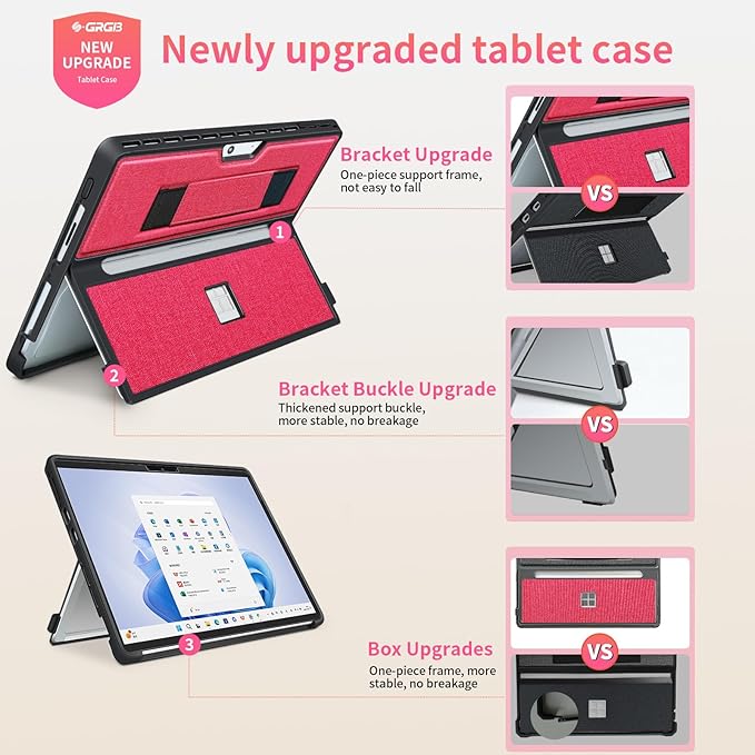 Case fit Microsoft Surface Pro 11/10 /9/8 13-Inch, with Stent Cover, Hand Strap, All-in-one Rugged Case Compatible with Type Cover Keyboards, Red