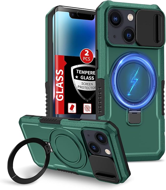 for iPhone 13 Case/for iPhone 14 Case Magnetic Compatible with MagSafe Wireless Charging,with 2 Screen Protectors,with Kickstand,with Camera Cover Shock-Absorbent Heavy Duty Protection Green
