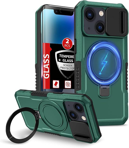for iPhone 13 Case/for iPhone 14 Case Magnetic Compatible with MagSafe Wireless Charging,with 2 Screen Protectors,with Kickstand,with Camera Cover Shock-Absorbent Heavy Duty Protection Green