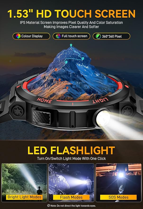 Military Smart Watch for Men with LED Flashlight Tactical Smart Watch 1.53”HD Screen Rugged Smartwatch 3ATM Waterproof 100+ Sports Fitness Tracker with Heart Rate Monitor for iOS Android