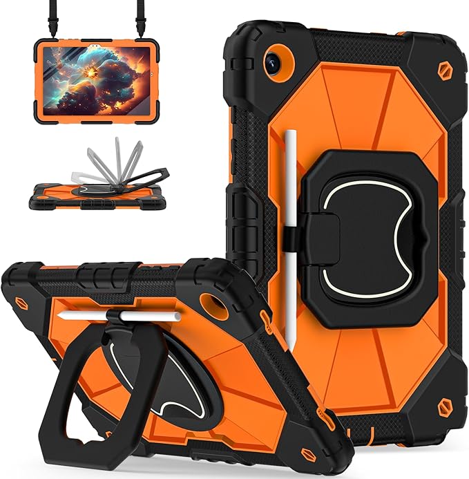 for Galaxy Tab A9 Plus Case 11 Inch, Rugged Case for Samsung Galaxy A9+ Tablet with Screen Protector 360 Rotating Stand Shoulder Strap Pen Holder, 2023 Model(SM-X210/X216/218), Black Orange