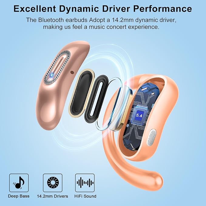 Open Ear Headphones, Bluetooth 5.4 Earbuds, 50H, Air Conduction Ear buds, HD Stereo Bass Over Ear Earphones with Earhooks, Ultra-Comfort Secure Fit, IPX7 Waterproof Headset for Working Sports, Orange
