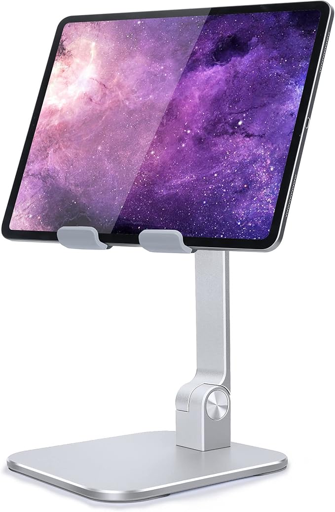 Elitehood Aluminum iPad Stand, Adjustable Holder for Desk, Desktop Tablet Dock for iPad Pro 12.9 11, Air Mini 4 5 and More 4-13.5 Inches Tablets, Silver