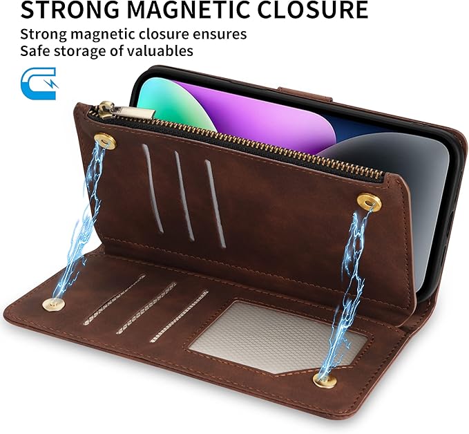 ZZXX for iPhone 14 Case Wallet with [RFID Blocking] Card Slot Premium Soft PU Leather Zipper Flip Folio with Wrist Strap Kickstand Protective Phone Cover for iPhone 14 Wallet Case(Coffee-6.1 inch)