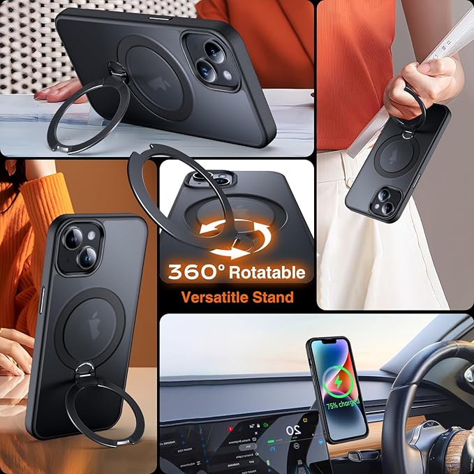 360° O-Ring MagStander for iPhone 13 Case, iPhone 14 Case with Magnetic Stand Ring Holder [Compatible with MagSafe][15FT Military Shockproof] Kickstand iPhone 13/14 Phone Cover Matte Black