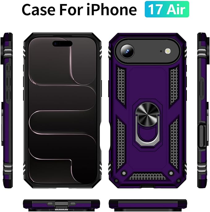 ADDIT Compatible with iPhone 17 Air Case with Tempered Glass Screen Protector, Adjustable Kickstand Ring, Military-Grade Heavy Duty Protection, Shockproof, Anti-Fingerprint,Purple