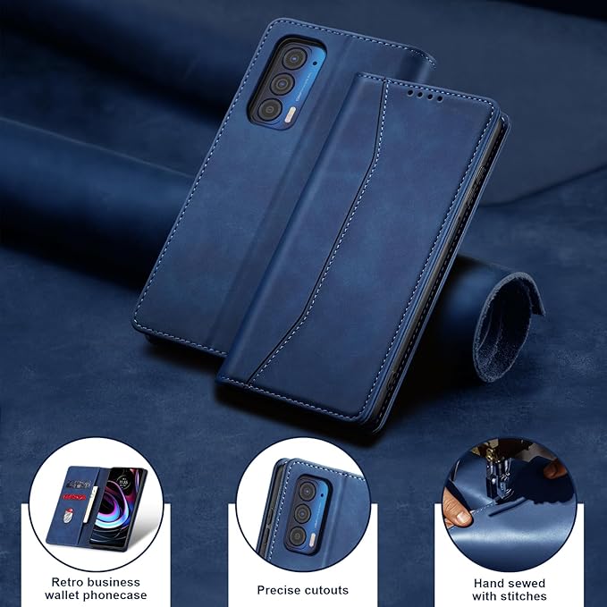 Jasonyu Flip Wallet Case for Motorola Edge 5G UW/Moto Edge (2021),Leather Magnetic Folio Cover with Card Holder,Kickstand - TPU Shockproof Durable Protective Phone Case,Blue