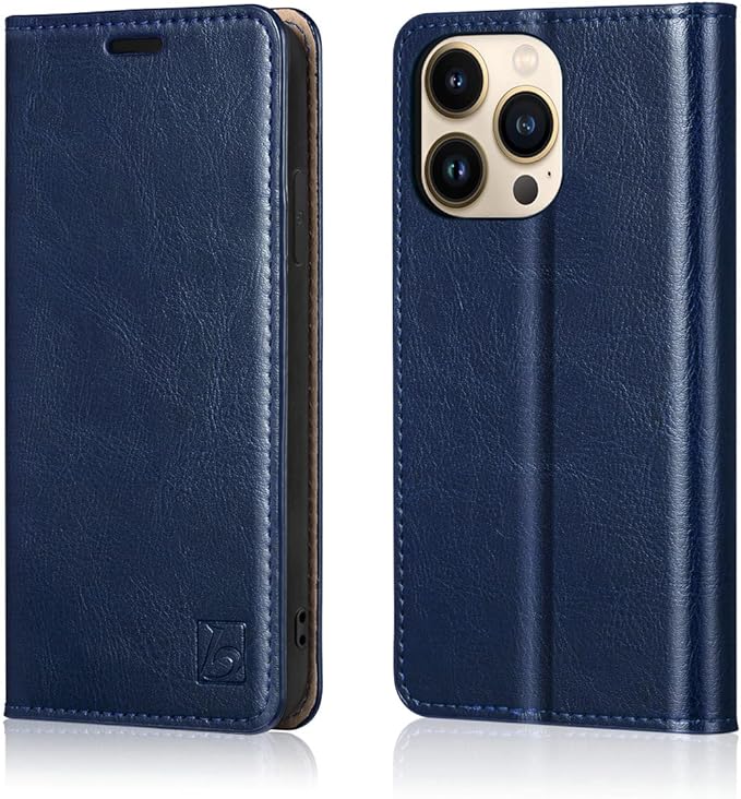 Belemay Compatible with iPhone 14 Pro Max Case Wallet-Genuine Leather Flip Case-RFID Blocking Card Holders-Shockproof TPU Shell Folio Cover Women Men Compatible with iPhone 14 Pro Max (6.7-inch) Navy