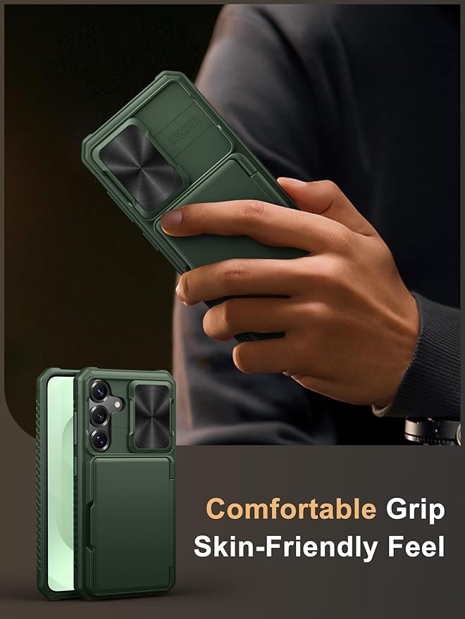 Vihibii for Samsung Galaxy S25 Wallet Case, Built-in Card Holder (4 Cards), [RFID Blocking] & Slide Camera Cover, Military Grade Drop Protection, TPU Soft Edge Case for Samsung Galaxy S25, Green