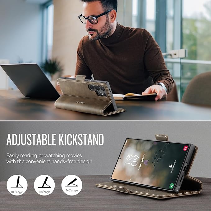 Wallet Case for Samsung Galaxy S24 Ultra Leather Wallet Flip Cover with Card Holder, Kickstand, Magnetic Closure, RFID Blocking TPU Shockproof Phone Case Compatible with S24 Ultra, Coffee