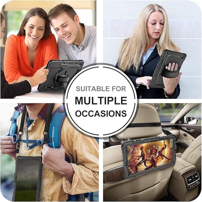 Case for Samsung Galaxy Tab S8 Plus 2022/S7 FE/S7 Plus 5G 12.4-inch Tablet Case Protective [with Screen Protector], Rotatable Kickstand, S Pen Holder, Hand/Shoulder Strap (Black)