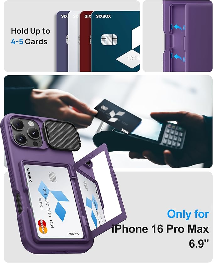 for iPhone 16 Pro Max Case with Kickstand & Card Holder & Camera Lens Cover, Military Grade Drop Protection Shockproof Rugged Stand Phone Cover Case for iPhone 16 Pro Max 6.9", Purple