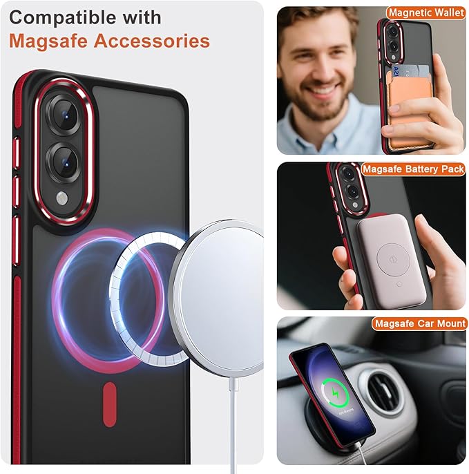 Case for Samsung Galaxy S25 Edge, Matte Translucent Magnetic Cover [Compatible with Magsafe] [Anti-Slip Grip], Military Grade Shockproof Hybrid Color Galaxy S25 Edge Phone Case (Black/Red)