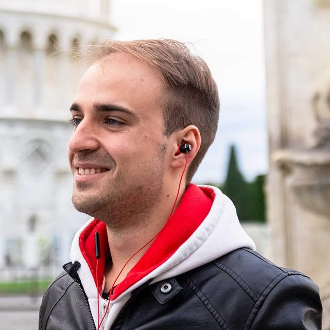 LUDOS Clamor Wired Earbuds in-Ear Headphones, 5 Years Warranty, Earphones with Microphone, Noise Isolating Ear Buds, Memory Foam for iPhone, Samsung, School Students, Kids, Women, Small Ears - Red