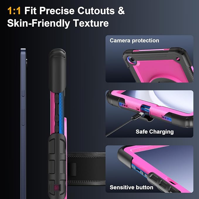 Case for Samsung Galaxy Tab A9+/A9 Plus 11 Inch 2023(SM-X210/X216/X218), Ubearkk Full-Body Drop Protection Case with Screen Protector, 360° Rotating Stand and Hand/Shoulder Strap, Pink