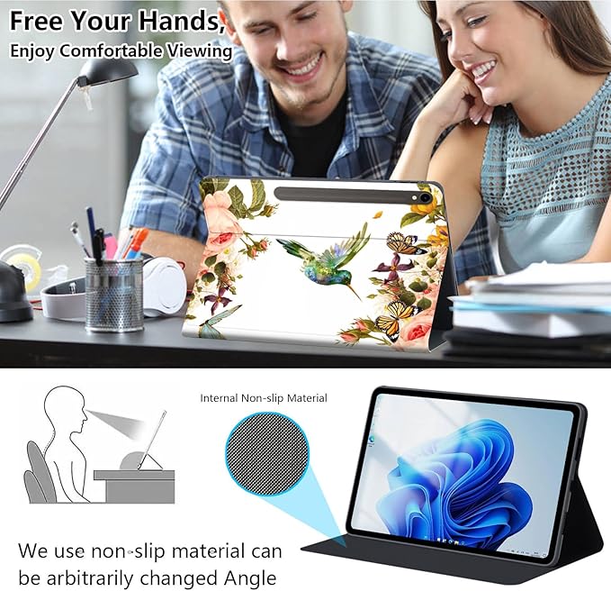 Slim Case for Samsung Galaxy Tab S10 FE / S9 FE 5G 10.9" & Tab S9 11", PU Leather Protective Cover, Multi-Angle Stand, Auto Sleep/Wake, Hummingbird Butterfly