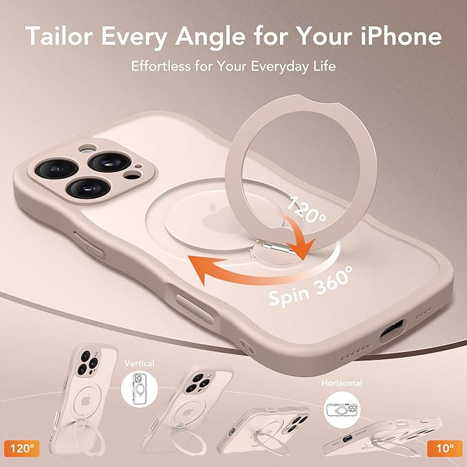 for iPhone 16 Pro Max Case for Women,[Compatible with Magsafe][360° Spin Magnetic Stand][Cute Wave Edge][Military-Grade Protection] Translucent Matte Phone Case for iPhone 16 ProMax, Rose Gold