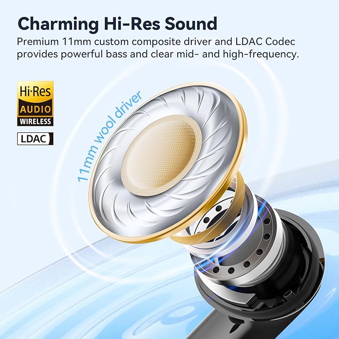 EarFun Adaptive Noise Cancelling Wireless Earbuds, 6 Mics AI ENC Call, Hi-Res Sound, LDAC, 40H Playtime, Multipoint Connection, Comfortable Fit, App Customization, Google Fast Pair, Wireless Charge